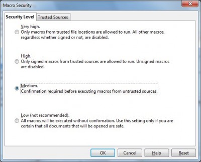 Tools &gt; Options &gt; Security &gt; Macro Security Dialog