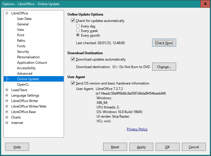 Windows LibreOffice - Online Update Options
