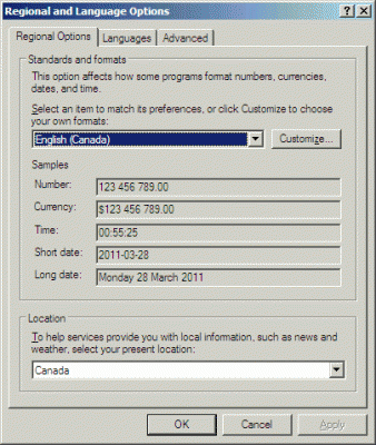 Windows regional and language options on my machine.