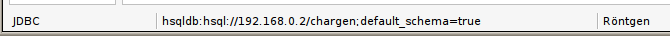 Status bar of a database document connected to a HSQLDB server on a local network with a logged-in user named &quot;Röntgen&quot;