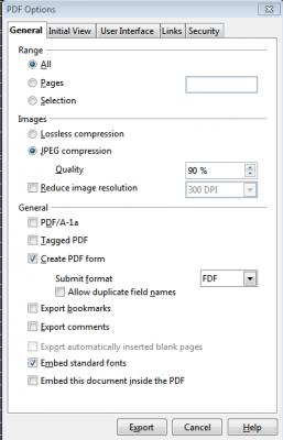 Export to PDF dialog settings