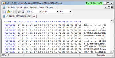 Start of file.  All .odt files start with PK indicating that the .odt file is in zipped format