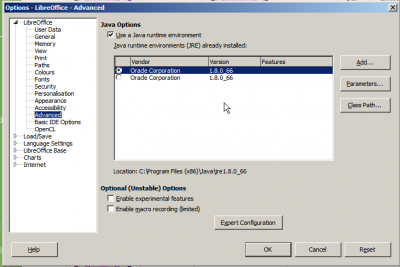 Java options for LibreOffice 4.4.x on Windows Server 2008 (64-bit) with 32-bit Java selected and installed 64-bit Java below.