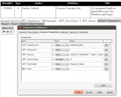 Example table with toolbar &quot;Database Report&quot; and configuration via &quot;Custom Properties&quot;