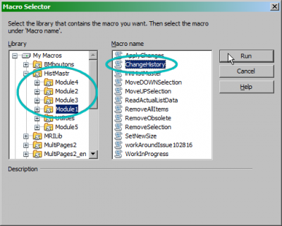 Run macro ChangeHistory in Module1 of HistMastr library