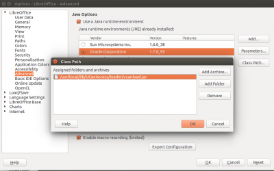 Class path dialog called from the office suite's Java options