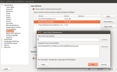 Parameters dialog called from the office suite's Java options