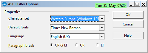 ASCII Filter Options window when opening a bad .odt file, or any file where Writer does not recognise the data format