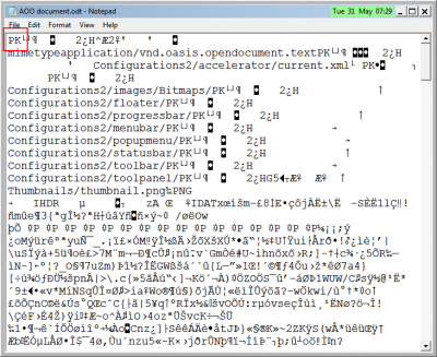 Good .odt file opened with Notepad or Notepad++.  Note it starts with PK showing it is a ZIP file.