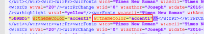 Second instance of w:themeColor=&quot;accent1&quot; deleted each time it occurred, leaving the trailing /<br />This image shows Notepad++ without invoking the &quot;pretty print&quot; add-on.