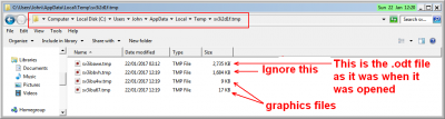 Temporary files inside folder C:Users\John\App\Data\Local\Temp\sv3i2d1f.tmp<br /><br />The first file is the .odt file as it was when you opened it - this is the one you want<br />The second file is a binary file - ignore it - it is to do with displaying<br />The other files are copies of the images which have been paged out of memory.  You do not need them as all the images are in the first file. If you have added images then some may be here
