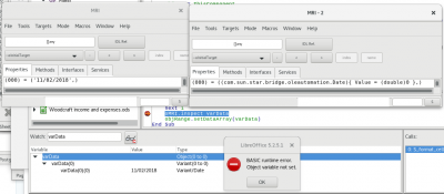 Screenshot showing the MRI inspection of the unedited varData on the left and the edited version on the right - where the error occurs. At the bottom is the watch window with the varData array expanded to show it contains a valid date.