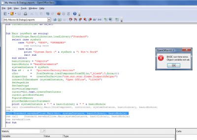 Object Variable Not Set located at Call (to subroutine in Standard)