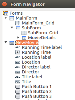 This is the form hierarchy between the genres in main form, movies in a subform and an additional form to add new movies.