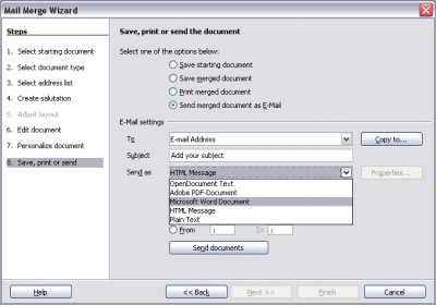 Step 8. of the Mail Merge Wizard offers to send a merged document as E-Mail attachment in MS Word document format.