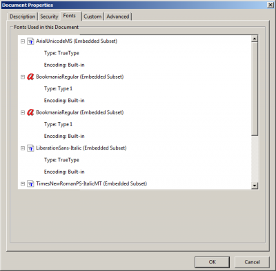 File &gt; Properties &gt; Fonts shows the embedded fonts