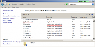 List of fonts - note how Comic Sans MS only has Regular and Bold - it does not have an Italic.<br />If you set Comic Sans MS to italic, Windows distorts the Regular font to simulate italic.