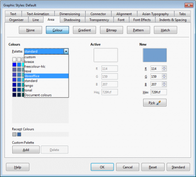Color palettes function in the Draw application of the LibreOffice 5.3.7