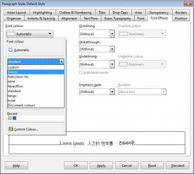 Color palettes function in the Writer application of the LibreOffice 5.3.7