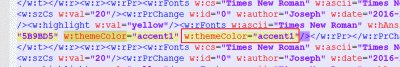 This image shows document.xml being edited in Notepad++ without invoking the &quot;pretty print&quot; add-on.<br />Two instances of w:themeColor=&quot;accent1&quot; follow each other.  Delete the second (and third, fourth etc ...) each time it occurs, always leaving the trailing /