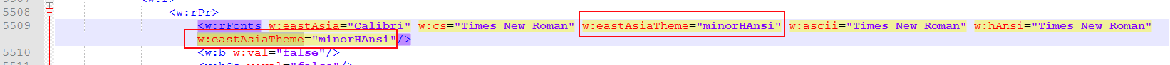 Repeated attribute w:eastAsiaTheme=&quot;minorHAnsi&quot; in document.xml