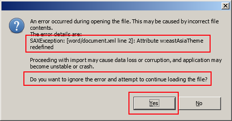 SAXParse error message.  <br />Note that it asks if I want to continue to open the file.  When I said YES, everything up to the error was shown and everything after the error was missing.