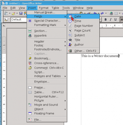 Insert | Fields in Apache OpenOffice 4.1.5 Writer