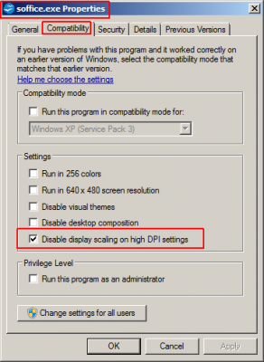 Windows 7 compatibility settings for AOO soffice.exe