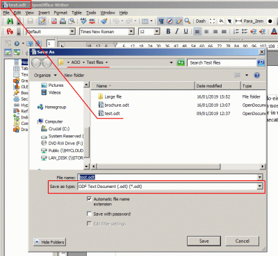 Editing C:\...\Desktop\AOO\Test Files\test.odt.  <br />File &gt; Save As ..., opens at folder C:\...\Desktop\AOO\Test Files\