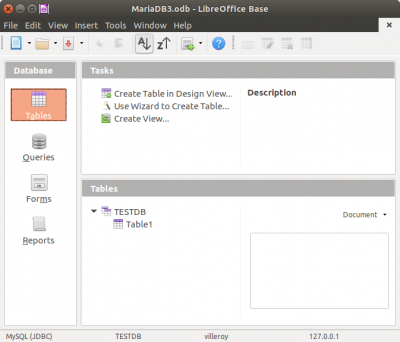 Base document connected via JDBC to a MySQL database (or MariaDB) named TESTDB on 127.0.0.1 (localhost), logged in as user villeroy. The new Table1 has been created in the Base GUI.