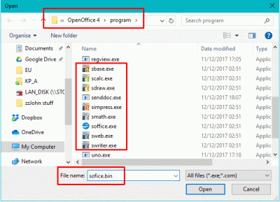 You MUST type in soffice.bin as you cannot select it