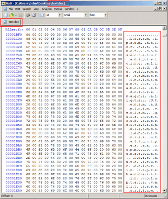 test.doc opened in HxD