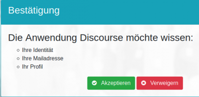 The application &quot;Discourse&quot; wants to know: <br />- Your identity<br />- Your email address<br />- Your profile