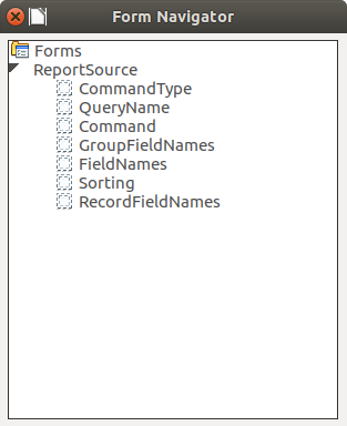 Form navigator of an old style report showing the hidden controls that configure the report