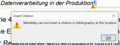 The error I get when I try to add a citation with Mendeley in a caption