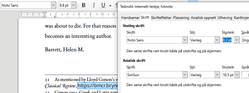 As can be seen, the font size is set to the correct size (8.2 points), but the actual size used, is that of the default hyperlink style (which I have formatted to 9.8 points to match the x-height of the main body text).