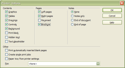 Select brochure option, de-select Print automatically inserted pages option.