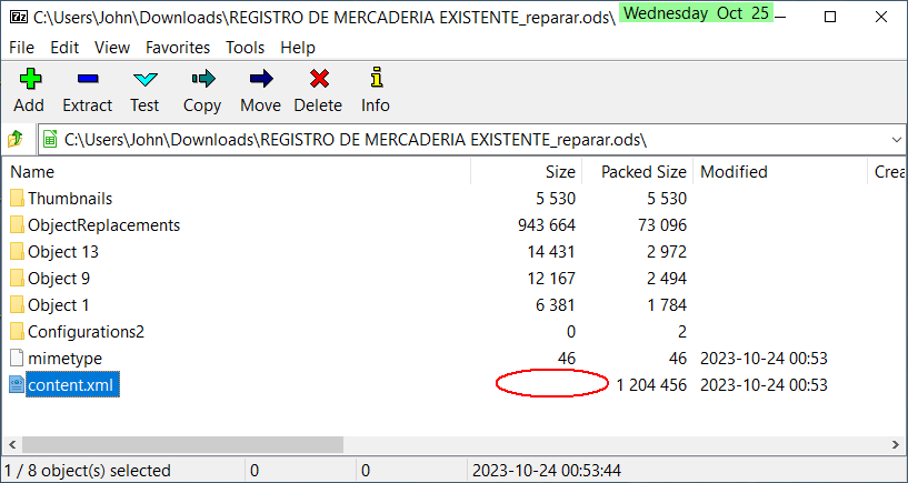 See how the file size for content.xml is blank which means the file is truncated