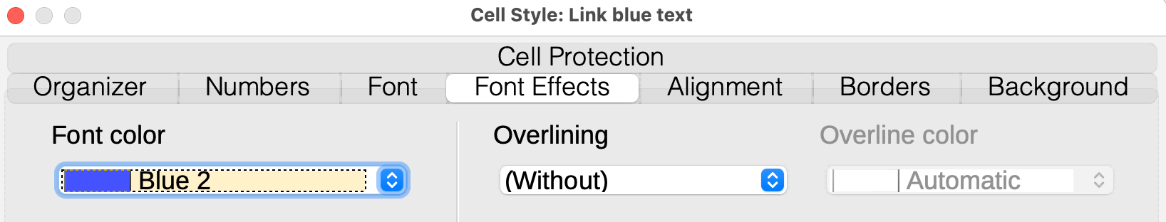 I created style Link blue text and chose the font color, then applied the style to cell A1