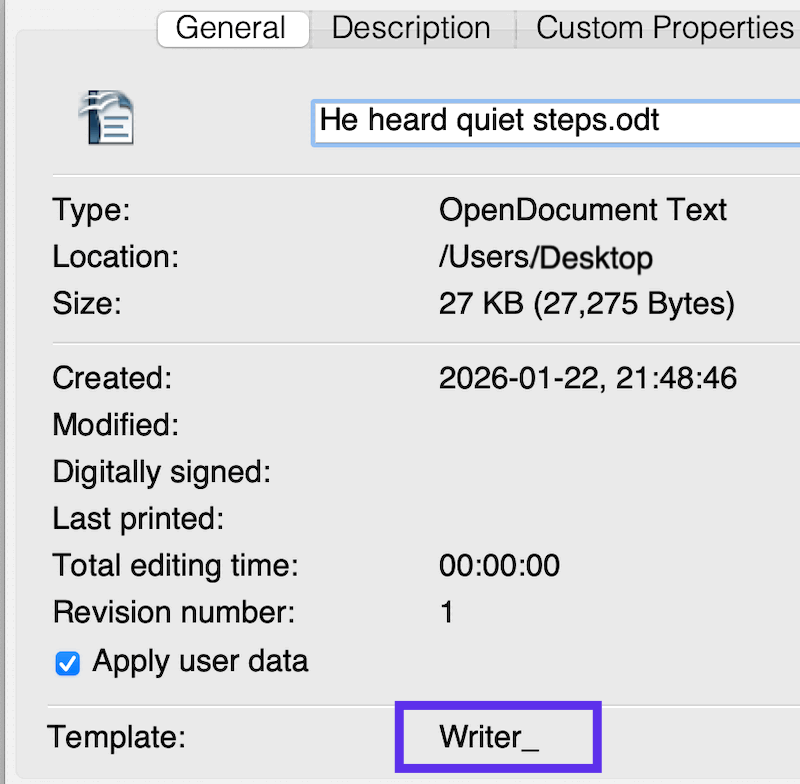 Display from File → Properties, showing my template name