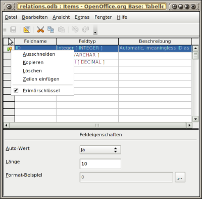 Setting a primary key in the table editor (in German screenshot: &quot;Primärschlüssel&quot;)