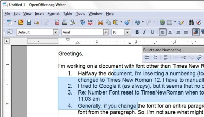 cursor is selecting several (but not all) words in the paragraph, first and last font numbering (the two not fully selected) reset to Times New Roman size 12