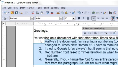 cursor is selecting all words to be numbered, font numbering is consistent