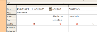 Screen shot of the SQL Matrix.  Note that the ArtistIDnum is in Column #3 in the SQL Matrix