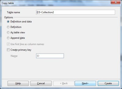 In the Copy table dialog, rename the Table and ensure 'Definition and data' is selected, then click 'Next'