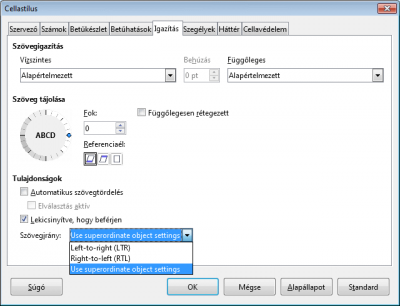 Angol maradványszöveg a Calc Cellastílus párbeszédpanelén.