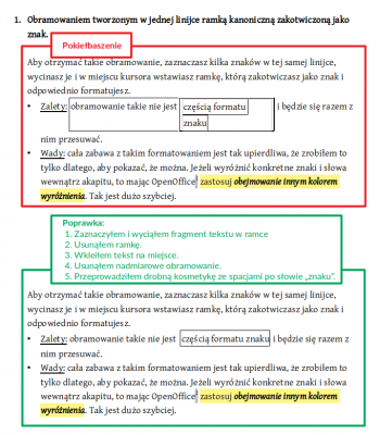 Pliku został utworzony i zapisany w LO, następnie otworzony,  poprawiony i zapisany w OOo oraz wreszcie ponownie otworzony w LO i poprawiany. I oto efekty. Wszystkie ramki informacyjne są zrobione w LO. Nie edytowałem kodu bezpośrednio.