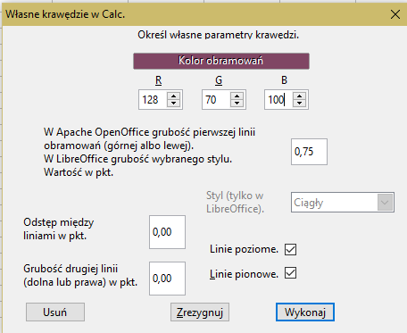 Okno dialogowe dla Apache OpenOffice