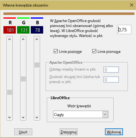 Okno dialogowe  otwarte w LibreOffice.